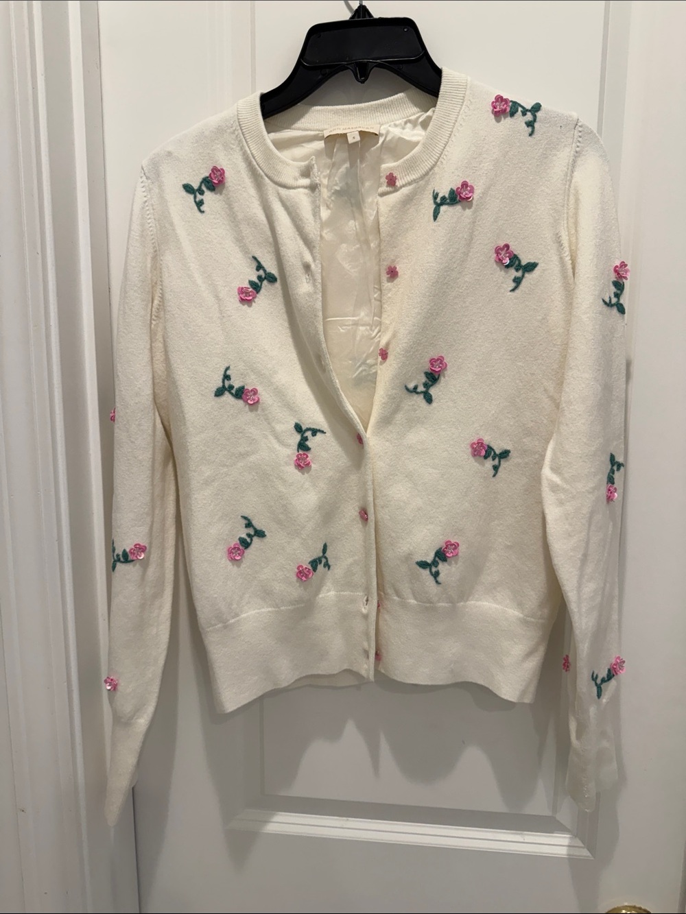 ANN MASHBURN Cream Cardigan with Pink Rose Embroidery